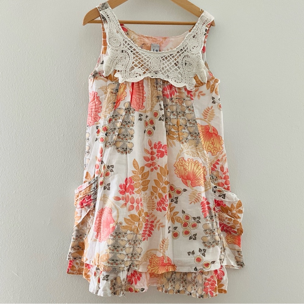 Zara 7-8 Floral Crochet Yoke Dress - Cream and Peach Layered Look Summer Dress